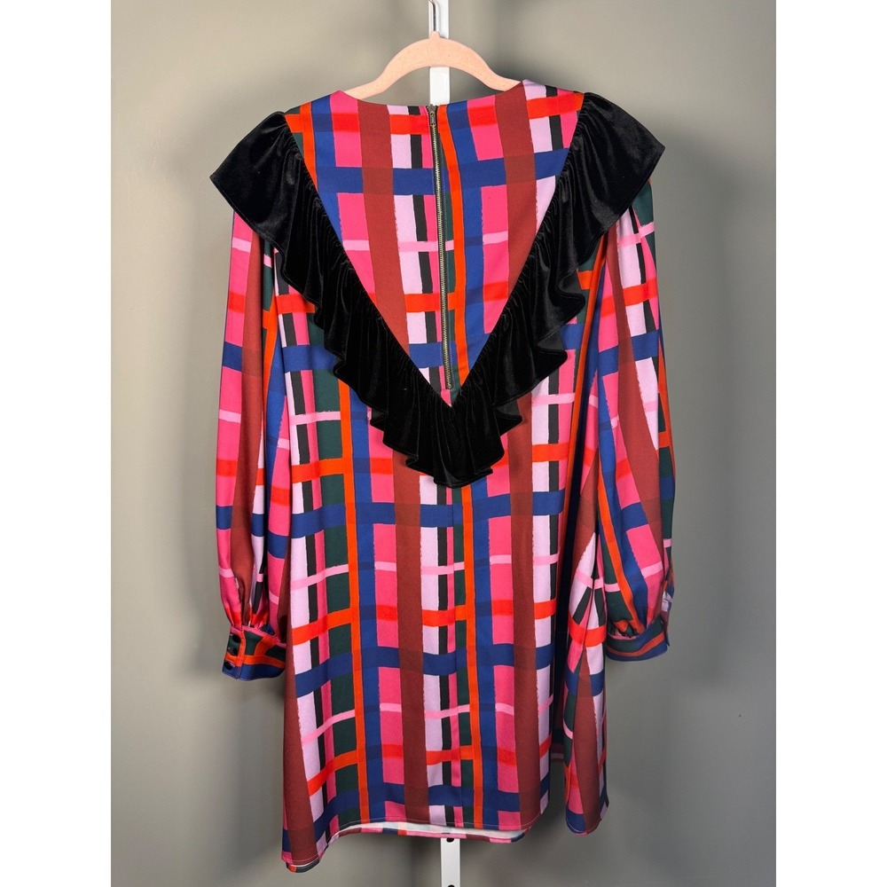 Crosby Mollie Burch Plaid Velvet Ruffle Mini Dress Balloon Sleeve L - Picture 9 of 9